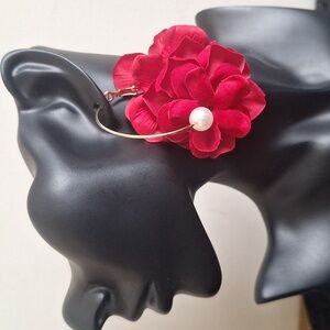 Red Flower Statement Earrings Gold Hoop Pearl Drop Handmade
